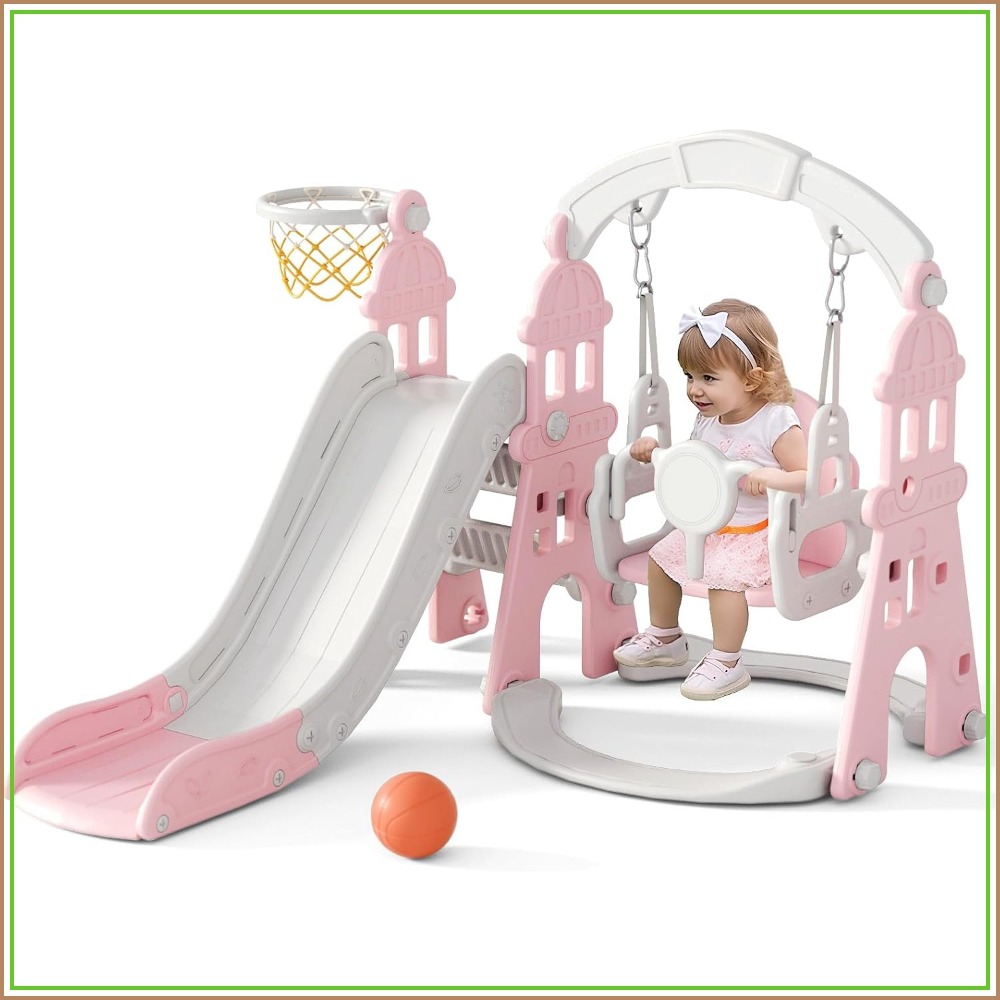 Kids Outdoor Basketball - 4-in-1 Kids Slide and Swing Set