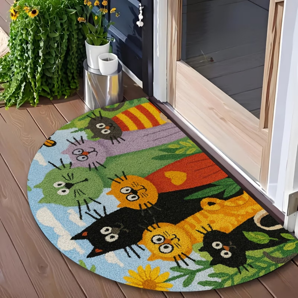 Kids Outdoor Flooring - Cartoon Striped Cat Floral Semi Circle